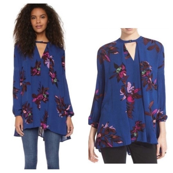 FREE PEOPLE S Tree Swing Tunic Top Mini Dress Blue Floral Cutout Flowy Boho XS - Picture 3 of 16